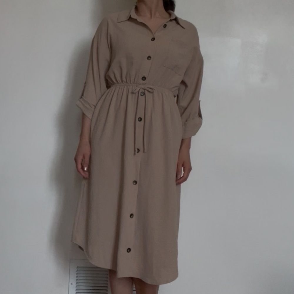 Elegant Tan Button-Up Dress